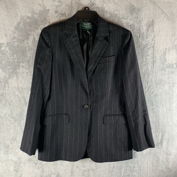 Lauren Ralph Lauren Women's‎ Blazer 4P Petite Striped Wool Gray Preppy Academia - Picture 1 of 9